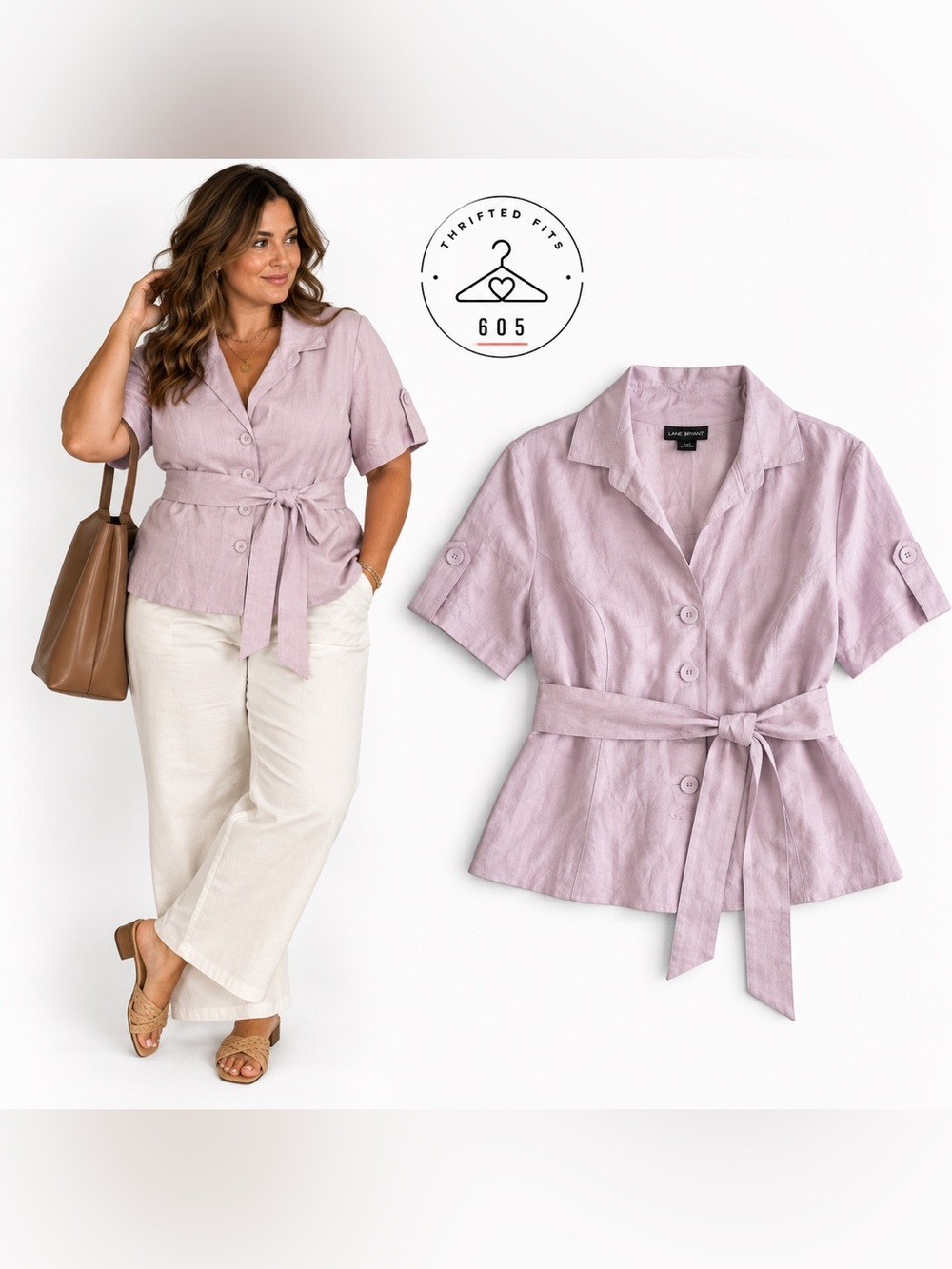 Lane Bryant Linen blend Lilac Button-Front Belted Shirt